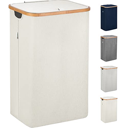 Lonbet - Wäschekorb mit Deckel Groß - XL 100 Liter - Wäschekorb Holz Bambus - Wäschesammler Beige mit Griffen - Laundry Basket with Lid - Laundry Hamper von Lonbet