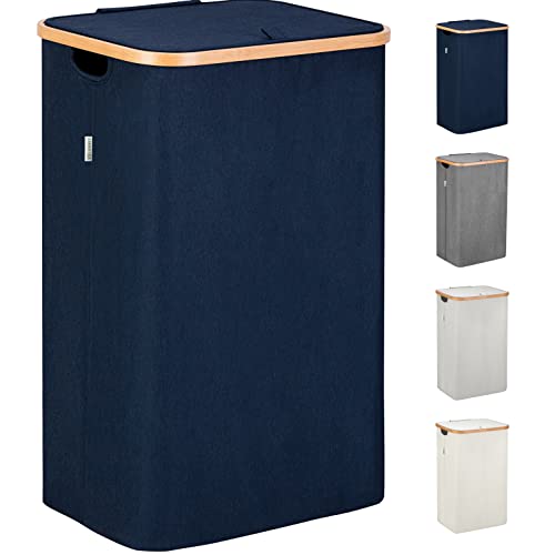 Lonbet - Wäschekorb mit Deckel Groß - XL 100 Liter - Wäschekorb Holz Bambus - Wäschesammler Blau mit Griffen - Blue Laundry Basket - Laundry Hamper with Lid von Lonbet