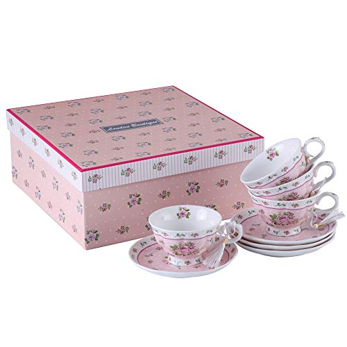 Kaffeetasse und Untertasse, Shabby Chic, Vintage, Porzellan, Vogel Schmetterling, Flora, Geschenk-Box (Rose Pink) von London Boutique