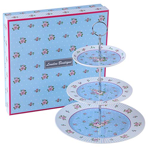 Kuchenstand 3 gestuft Etagen Porzellan Vintage Victoria Blumenprint Rose in Geschenkbox, Porzellan, blau, 22x26 von London Boutique