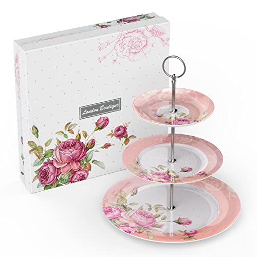 London Boutique Tortenständer mit 3 Etagen, für Nachmittagstee, Teller, aus Knochenporzellan, Vintage-Flora, Geschenk für Sie (Rosa) von London Boutique