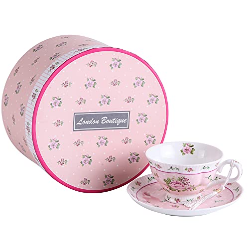 London Boutique Kaffee und Tee-Tassen und Untertassen Set Vintage Flower Flora Rose Lavendel Geschenk-Box, Keramik, 1pc Set, 11x8cm (Shabby Chic Rose) von London Boutique