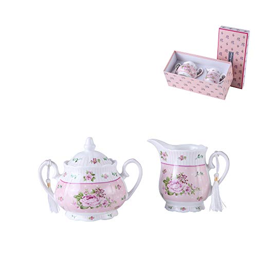 London Boutique Porzellan Teekanne Sets Teekanne Zuckerdose und Sahne Milchkännchen Shabby Chic Vintage Floral in Geschenkbox (Creme & Zucker Set Rose Pink) von London Boutique
