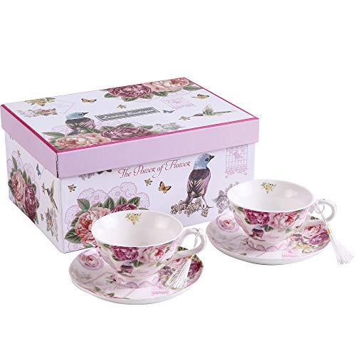 London Boutique Set aus Kaffee-/Teetassen und Untertassen, Shabby Chic, Vintage-Design, Porzellan mit Blumenmuster, 2 Sets in Geschenk-Box, Keramik (Pink Bird Rose) von London Boutique