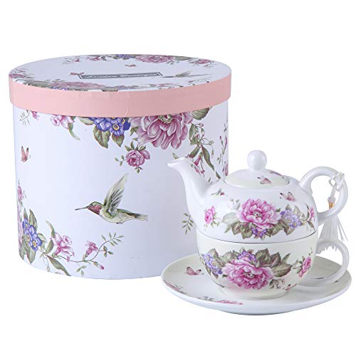 London Boutique Tea for one teekanne und Tasse Set für 1 Vogel Rose Schmetterling Vintage, Keramik, beige/cremefarben, 15x15cm von London Boutique