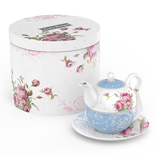 London Boutique Tea for One Teekanne Teetasse Untertasse Set Geschenke für Frauen Teeset für 1 New Bone China Vintage Flora Geschenk für sie 350m (blau) von London Boutique