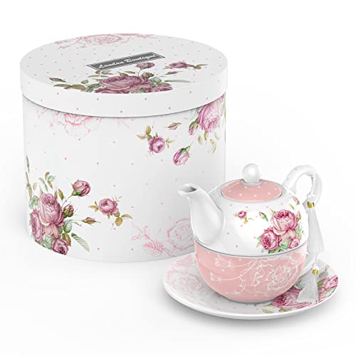 London Boutique Tea for One Teekanne Teetasse Untertasse Set Nachmittagstee Set für 1 New Bone China Vintage Flora Geschenk für Frauen 350 ml (Rosa) von London Boutique