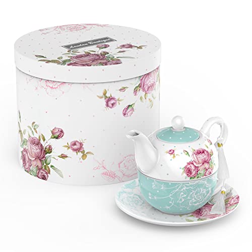 London Boutique Tea for One Teekanne Teetasse Untertasse Set Nachmittagstee Set für 1 New Bone China Vintage Flora Geschenk für Frauen 350m (Türkis) von London Boutique