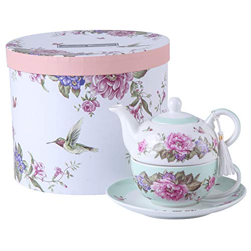 London Boutique Tea for one Teekanne Tasse Suacer Set Shaby Chic Flora Vogel Rose Schmetterling Porzellan Geschenkbox (Blaugrün) von London Boutique