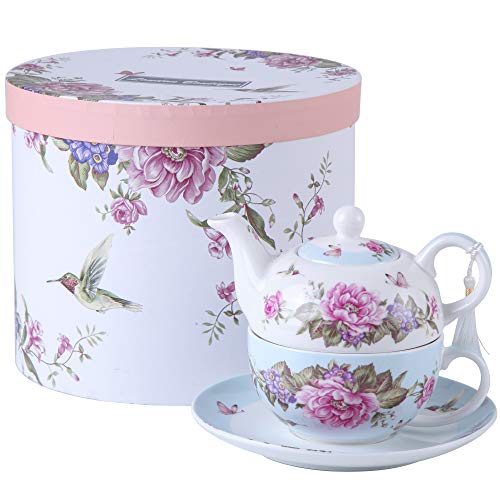 London Boutique Tea for one Teekanne Tasse Suacer Set Shaby Chic Flora Vogel Rose Schmetterling Porzellan Geschenkbox (blau) von London Boutique