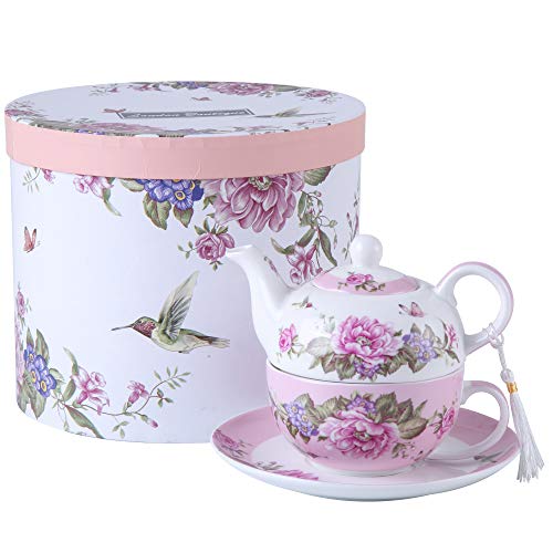 London Boutique Tea for one Teekanne Tasse Suacer Set Shaby Chic Flora Vogel Rose Schmetterling Porzellan Geschenkbox Rosa von London Boutique