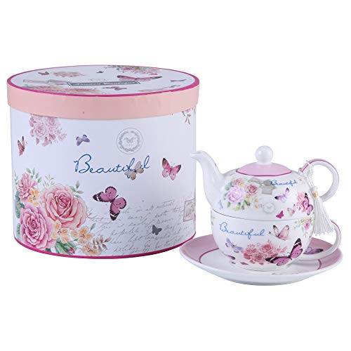 London Boutique Teekanne-, Tasse- und Untertasse-Set für eine Person im Vintage-Stil, mit Rosen- und Lavendel-Muster, Porzellan, in Geschenkbox 15x15cm Butterfly Rose von London Boutique