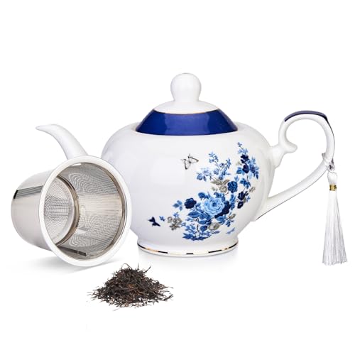 London Boutique Teekanne mit Teesieb, Teekanne für losen Tee, 700 ml Fassungsvermögen, perfekte Teekanne für 2 Tassen, leicht zu greifender Griff, Rose Butterfly Navy von London Boutique