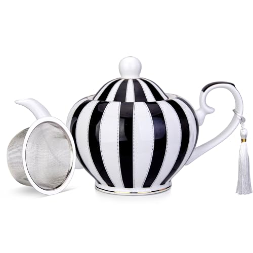London Boutique Teekanne mit Teesieb, Teekanne für losen Tee, 700 ml Fassungsvermögen, perfekte Teekanne für 2 Tassen, leicht zu greifender Griff, schwarze Streifen von London Boutique