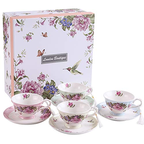 London Boutique Teeservice aus Porzellan, Kaffeetassen/Teetassen mit Untertassen, Vogel-, Blumen- und Schmetterlingsmotive, 4-teiliges Set Geschenk-Box (4 Pastellfarben) von London Boutique