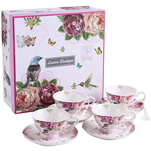 London Boutique Teeservice aus Porzellan, Kaffeetassen/Teetassen mit Untertassen, Vogel-, Blumen- und Schmetterlingsmotive, 4-teiliges Set Geschenk-Box (Vogel Rose Schmetterling) von London Boutique