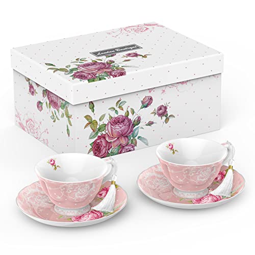 London Boutique Teetasse und Untertassen-Set, 2 Stück, Nachmittagstee-Set, Knochenporzellan, Vintage-Flora-Geschenkbox, 200 m (Rosa) von London Boutique