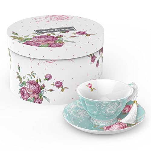 London Boutique Teetasse und Untertasse Set 1 Nachmittagstee Set New Bone China Vintage Flora Geschenkbox 200 m (türkis) von London Boutique