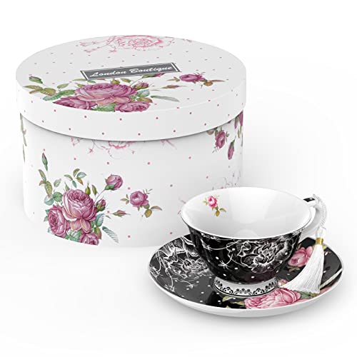 London Boutique Teetasse und Untertassen-Set, 1 Nachmittagstee-Set, Knochenporzellan, Vintage-Flora-Geschenkbox, 200 m (schwarz) von London Boutique