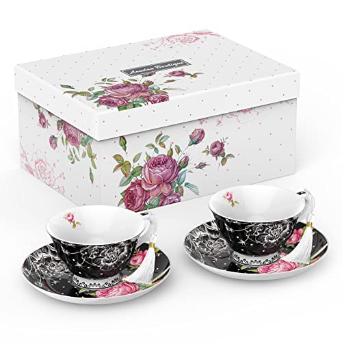 London Boutique Teetasse und Untertassen-Set, 2 Stück, Nachmittagstee-Set, Knochenporzellan, Vintage-Flora-Geschenkbox, 200 m (schwarz) von London Boutique