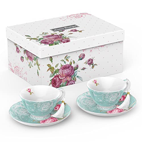 London Boutique Teetasse und Untertassen-Set 2 Nachmittagstee aus Knochenporzellan Vintage Flora Geschenkbox 200 m (türkis) von London Boutique