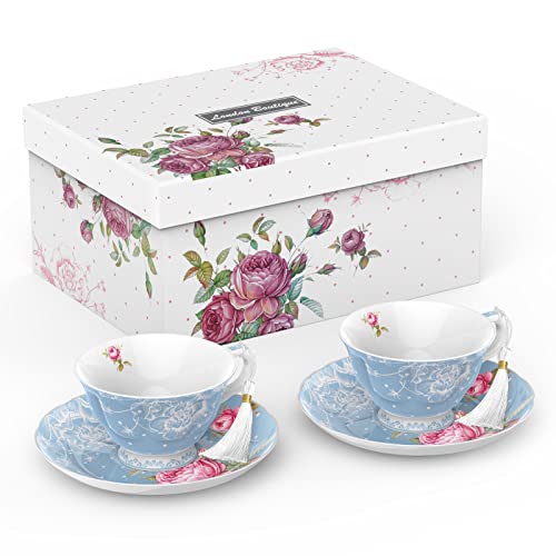 London Boutique Teetassen und Untertassen 2 Nachmittagstee-Set aus Knochenporzellan, Vintage Flora Geschenkbox 200 m (blau), Porzellan, 7 cm von London Boutique