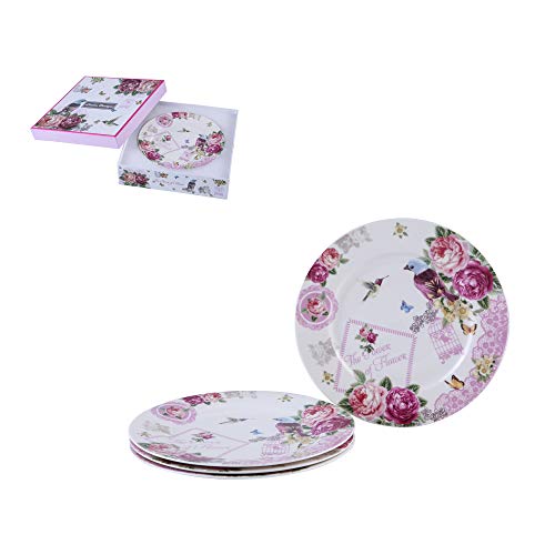 London Boutique Side Plate Kuchenteller-Set aus Porzellan, mit breitem Rand, Shabby Chic, Vogel, Rose, Schmetterling, 4 Stück von London Boutique