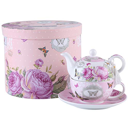 London Boutique Teekannen für eine Tasse Teekanne Teetasse Untertassen,Porzellan in Geschenkbox 15x15cm (Rosa Schmetterlingsrose) von London Boutique