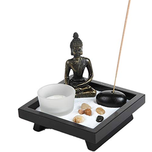 Thailändisches Kerzenhalter-Geschenk-Set mit mit Buddha-Statue - mit Naturstein - mit Räucherstäbchenhalter, Sitting Buddha HD38 von London Boutique