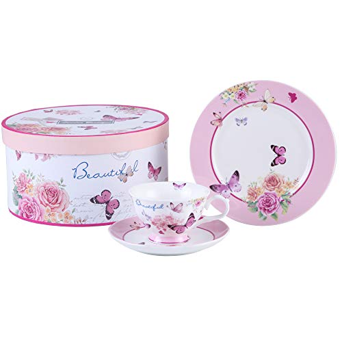 ondon Boutique Afternoon Tea Set 3 Kaffeetasse und Untertasse Dessertteller Shabby Chic Vintage Porzellan Geschenkbox (Schmetterlinge) von London Boutique