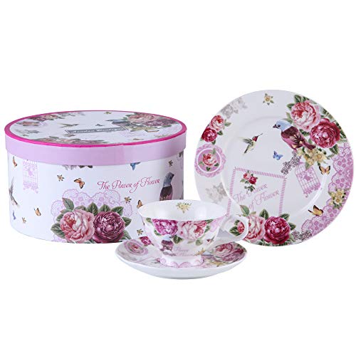 ondon Boutique Afternoon Tea Set 3 Kaffeetasse und Untertasse Dessertteller Shabby Chic Vintage Porzellan Geschenkbox (Vogel Rose Schmetterling) von London Boutique