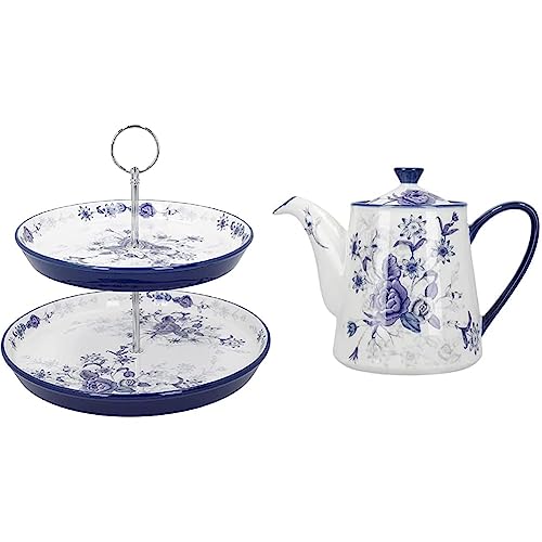 London Pottery 2tlg. Keramik-Teeset mit 4-Tassen-Teekanne und 2-stöckiger Tortenständer, Blue Rose von London Pottery