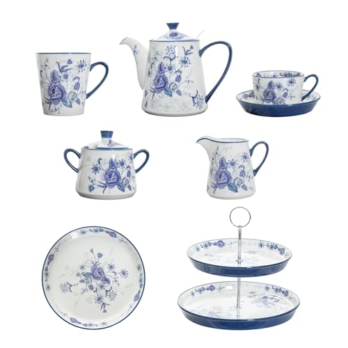 London Pottery Porzellan Nachmittagstee-Sets Tassen & Untertasse mit Teekanne Zuckerdose Milchglas Dessertständer für Hochzeit Party (Blaue Rose Nachmittagstee-Set - 7-teilig) von London Pottery