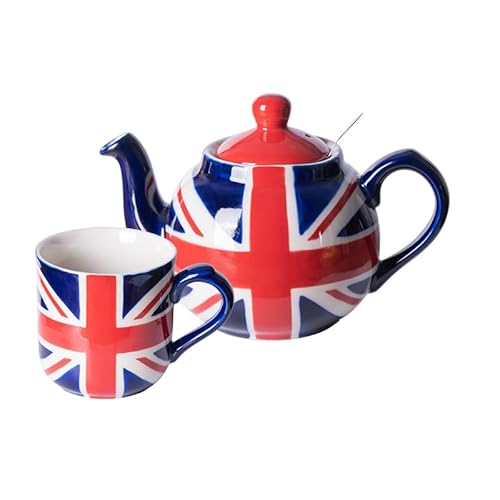 London Pottery Teekanne mit Teesieb, Keramik, handbemalt, Union Jack, limitierte Auflage, 2 Tassen (600 ml); Tasse, 250 ml, inklusive einer Teekanne und Tasse von London Pottery