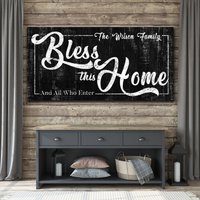 Bless This Home Zeichen, Wohnzimmer Dekor, Eingangsbereich Familienzimmer Hochzeitsgeschenk, Bauernhaus Wandkunst, Rustikale Leinwand Wandkunst von LoneStarWallArtCo