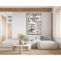 Personalisiertes Kaffeehaus Schild, Kaffeeladen Cafe Dekor, Frisch Gebrühtes Kaffeehaus, Küchendekoration, Bauernhaus Wandkunst, Leinwanddruck von LoneStarWallArtCo