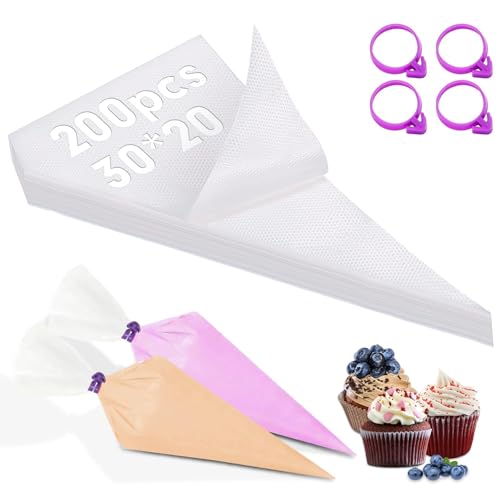 200Stk Spritzbeutel Groß Spritzbeutel Einweg Transparent Profi Einweg Spritztüten mit 4 Lila Silikon Spritzbeutel Klammern Für Dekorieren Gebäck Torten Hausbacken Cupcakes Keksen(30X20cm) von Lonely high heels