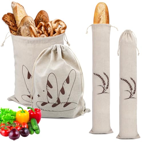 4 Stück Brotbeutel Wiederverwendbare Leinen Brotbeutel mit Kordelzug Brotsack zum Frischhalten Baguette Tasche Brot Aufbewahrung Brot Backen für Baguette Brotsack Obst Brot Gemüse(39×29cm/64×14.5cm) von Lonely high heels