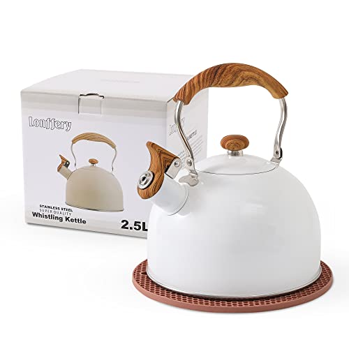 LONFFERY Teekessel, 2,5 Quart Pfeifender Teekessel, Teekannen für Herd, Lebensmittelqualität, Edelstahl mit Holzmuster, Klappgriff – Weiß LONFFERY Teekessel, 2,5 Quart Pfeifender Teekessel, Teekannen für Herd, Lebensmittelqualität, Edelstahl mit Holzmuster, Klappgriff – Weiß von Lonffery