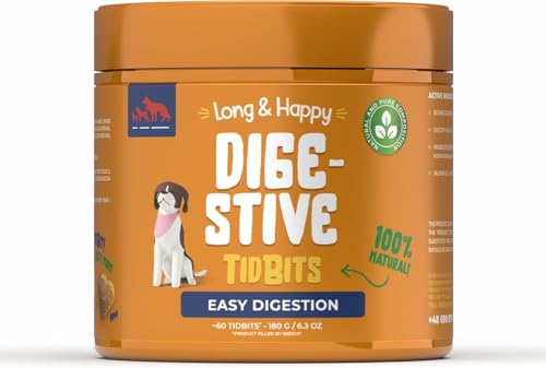 Long & Happy Verdauungs-Snacks für Hunde, Prebiotische Snacks für Darm-Balance, Haut- & Immungesundheit, mit Probiotika, Kolostrum und Lachsöl - Probiotika-Komplex für Deinen Hund, 60 Stück von Long & Happy