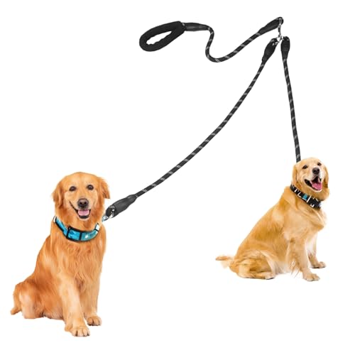 Doppelleine für 2 Hunde, 360° Drehbarer Hundeleine Kleine Hunde Leicht, Reflektierende Leine mit Gepolsterten Griffen Geeignet für Medium Hund Unter 40KG(Schwarz, 12mm) von LongHoneySong