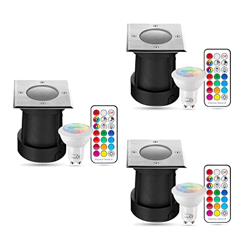 LongLife LED Bodeneinbaustrahler eckig Set 3x Gartenstrahler 230V IP67 GU10 3W RGBW ink. IR Fernbedienung Gartenleuchte für die Bodenmontage Außenbereich Befahrbar von LongLife LED GmbH by HK