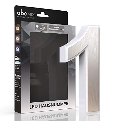 abcMIX LED Hausnummer, personalisierbare beleuchtete Hausnummer, Hausnummernleuchte mit LED - Hausnummer 1, Farbe EDELSTAHL, Lichtfarbeneinstellung, Dimmbarkeit von LongLife LED GmbH by HK