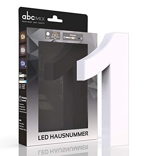 abcMIX LED Hausnummer, personalisierbare beleuchtete Hausnummer, Hausnummernleuchte mit LED - Hausnummer 1, Farbe WEIß, Lichtfarbeneinstellung, Dimmbarkeit von LongLife LED GmbH by HK