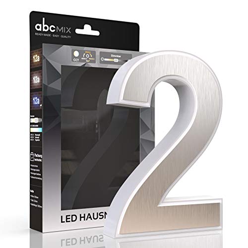 abcMIX LED Hausnummer, personalisierbare beleuchtete Hausnummer, Hausnummernleuchte mit LED - Hausnummer 2, Farbe EDELSTAHL, Lichtfarbeneinstellung, Dimmbarkeit von LongLife LED GmbH by HK