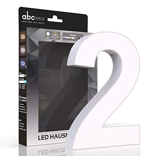 abcMIX LED Hausnummer, personalisierbare beleuchtete Hausnummer, Hausnummernleuchte mit LED - Hausnummer 2, Farbe WEIß, Lichtfarbeneinstellung, Dimmbarkeit von LongLife LED GmbH by HK