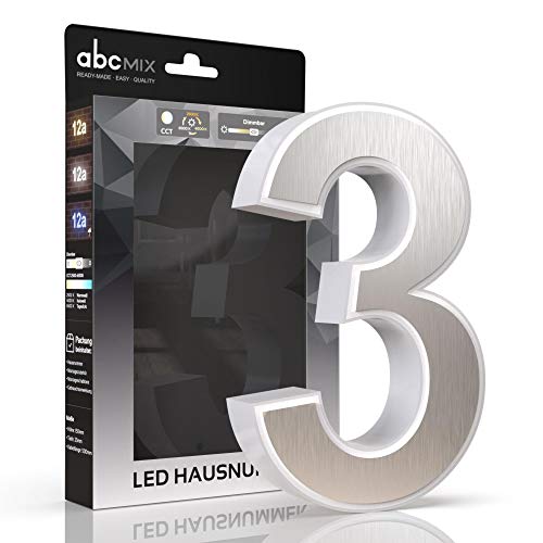 abcMIX LED Hausnummer, personalisierbare beleuchtete Hausnummer, Hausnummernleuchte mit LED - Hausnummer 3, Farbe EDELSTAHL, Lichtfarbeneinstellung, Dimmbarkeit von LongLife LED GmbH by HK