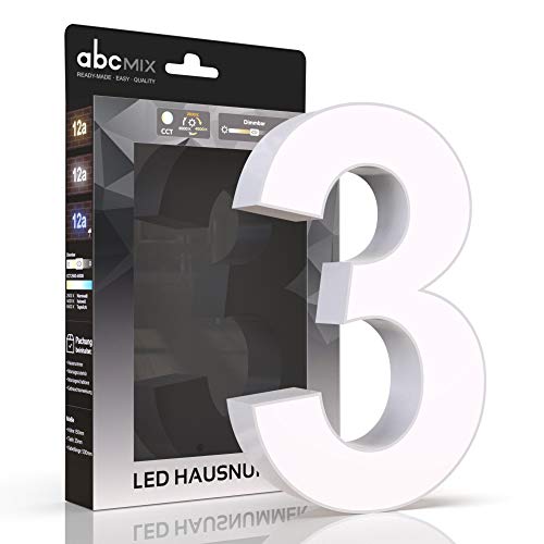abcMIX LED Hausnummer, personalisierbare beleuchtete Hausnummer, Hausnummernleuchte mit LED - Hausnummer 3, Farbe WEIß, Lichtfarbeneinstellung, Dimmbarkeit von LongLife LED GmbH by HK