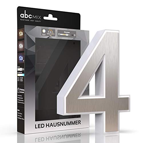 abcMIX LED Hausnummer, personalisierbare beleuchtete Hausnummer, Hausnummernleuchte mit LED - Hausnummer 4, Farbe EDELSTAHL, Lichtfarbeneinstellung, Dimmbarkeit von LongLife LED GmbH by HK