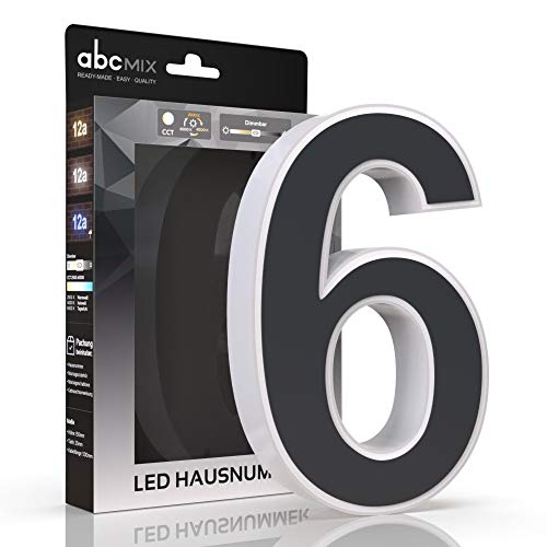 abcMIX LED Hausnummer, personalisierbare beleuchtete Hausnummer, Hausnummernleuchte mit LED - Hausnummer 6, Farbe ANTHRAZIT, Lichtfarbeneinstellung, Dimmbarkeit von LongLife LED GmbH by HK